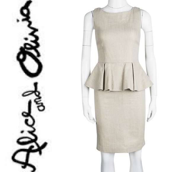ALICE + OLIVIA light beige linen peplum dress. - Picture 2 of 6